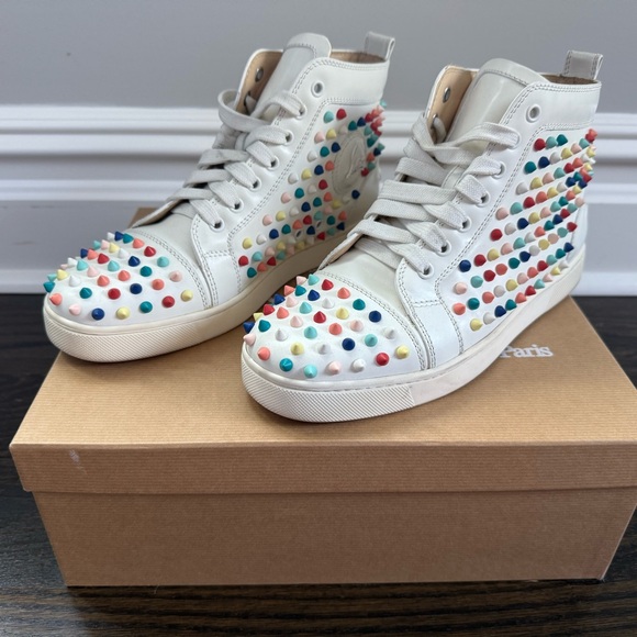Christian Louboutin White Loubi Spike Hightop Sneakers with Colorful spikes - Picture 1 of 9